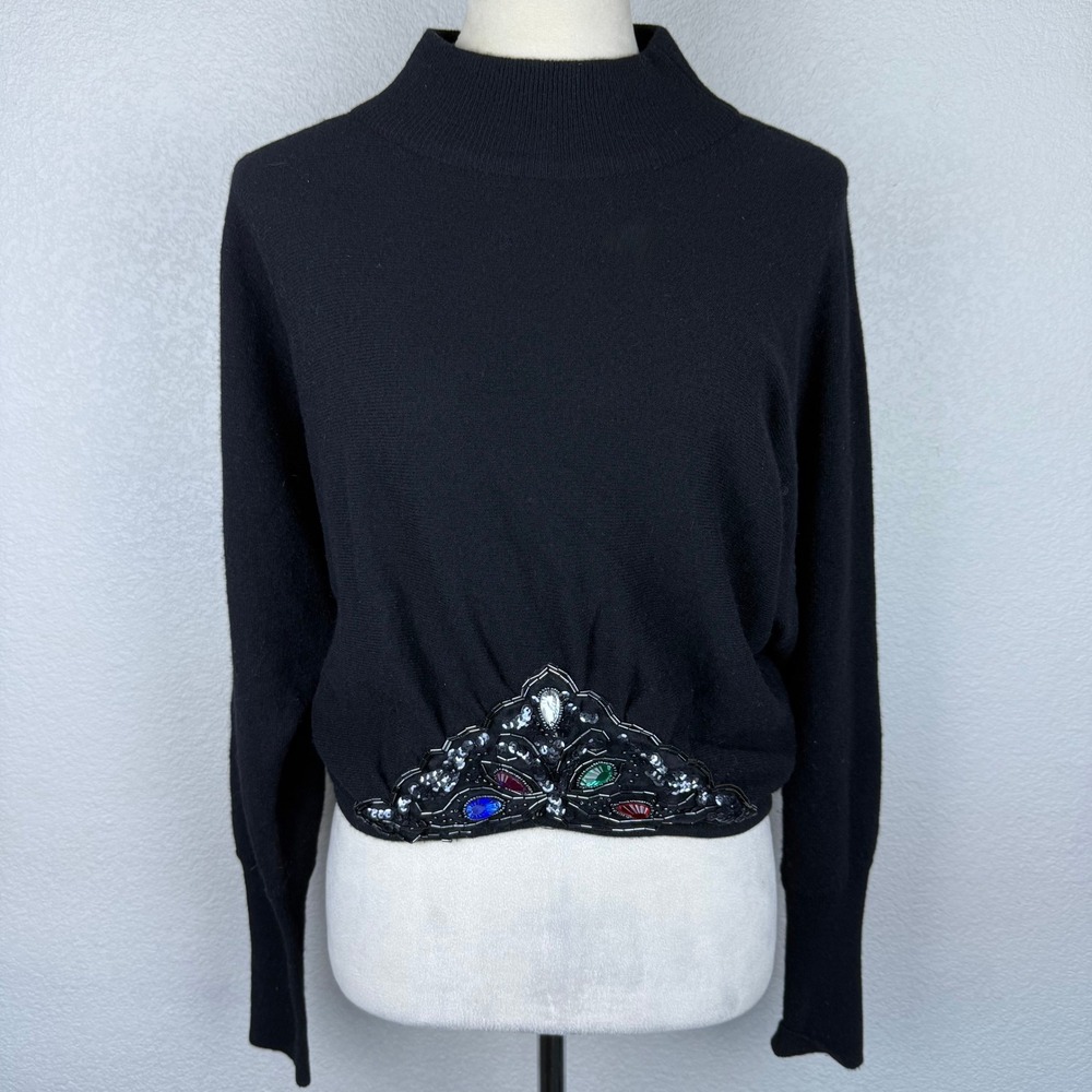 Vintage Le Pull Over Irene Leung Wool Black Mock Neck Beaded‎ Gem Sweater Knit
